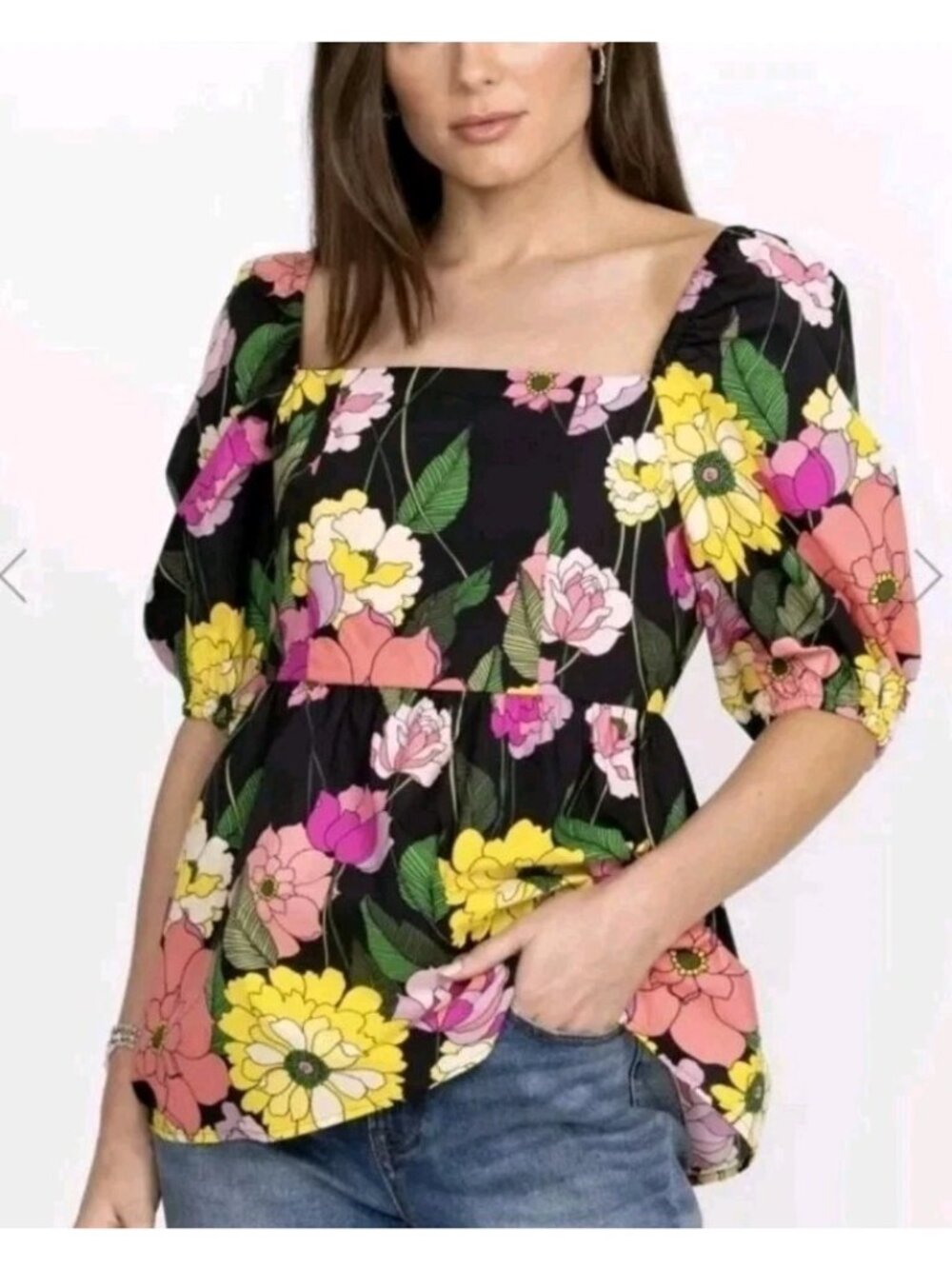 Johnny Was Marisol Floral Pure Cotton Blouse Balloon Sleeves Square Neck Medium